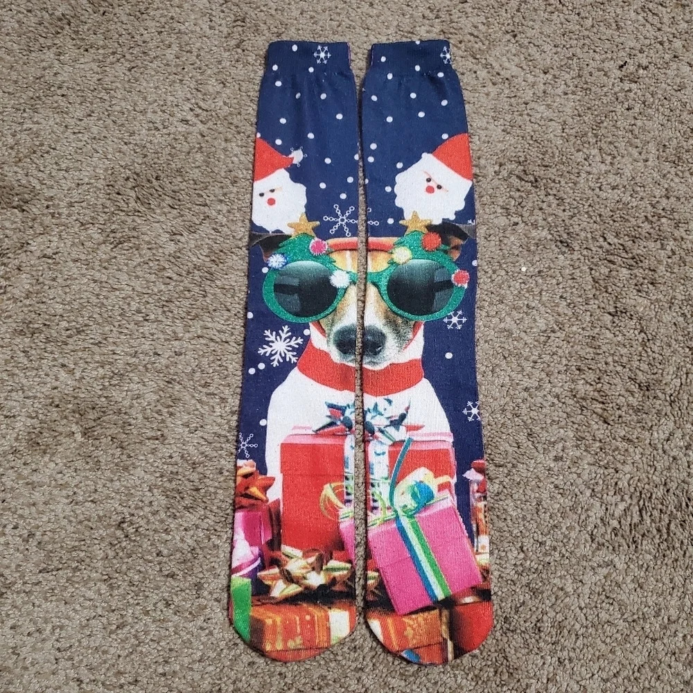 Christmas Holiday Women's Dog Presents Santa Knee High Socks 1 Pair